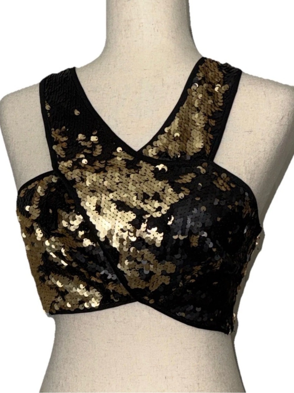 Sugarlips Rversible Sequin Crop Top Black Gold Rave Club Party Night Out